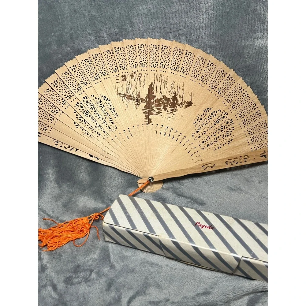 Vintage Carved Wood Hand Fan Pagoda Box Tassel Asian Decor Folding 14in